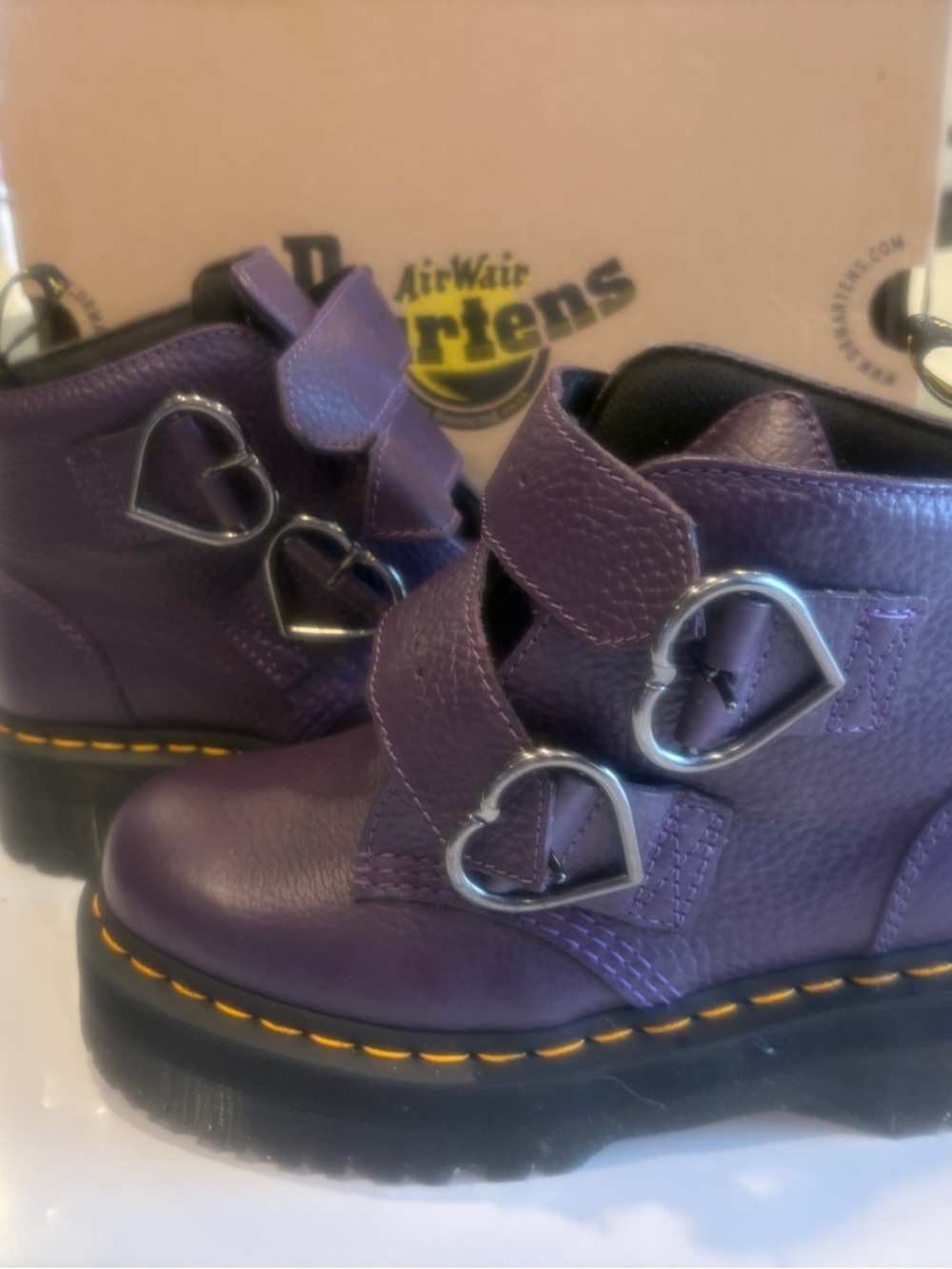Dr. Martens Purple Leather Womans Boots with Heart Buckles